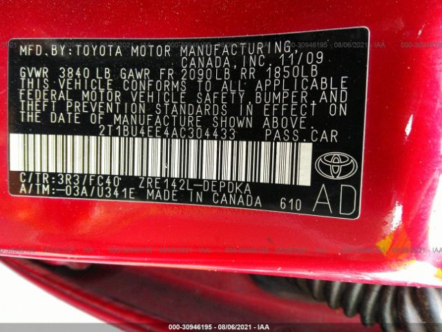 Photo 8 VIN: 2T1BU4EE4AC304433 - TOYOTA COROLLA 