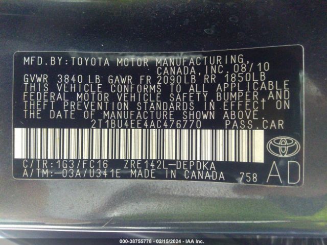 Photo 8 VIN: 2T1BU4EE4AC476770 - TOYOTA COROLLA 