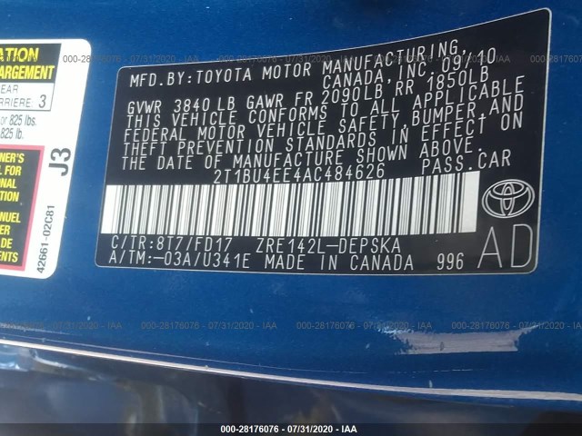 Photo 8 VIN: 2T1BU4EE4AC484626 - TOYOTA COROLLA 