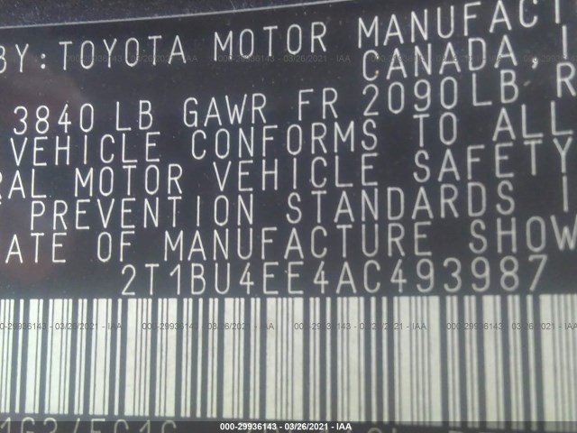 Photo 8 VIN: 2T1BU4EE4AC493987 - TOYOTA COROLLA 