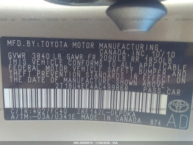 Photo 8 VIN: 2T1BU4EE4AC499868 - TOYOTA COROLLA 