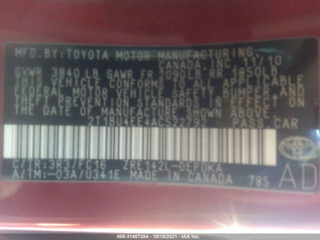 Photo 8 VIN: 2T1BU4EE4AC522792 - TOYOTA COROLLA 