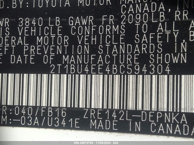 Photo 8 VIN: 2T1BU4EE4BC594304 - TOYOTA COROLLA 