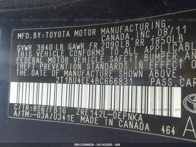 Photo 8 VIN: 2T1BU4EE4BC666831 - TOYOTA COROLLA 