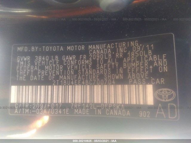 Photo 8 VIN: 2T1BU4EE4BC700704 - TOYOTA COROLLA 