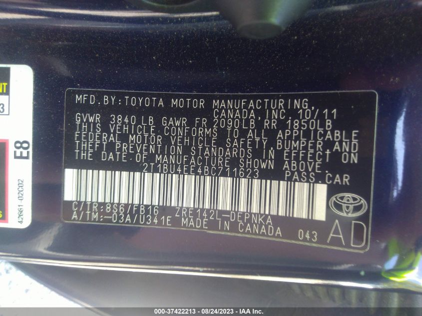 Photo 8 VIN: 2T1BU4EE4BC711623 - TOYOTA COROLLA 