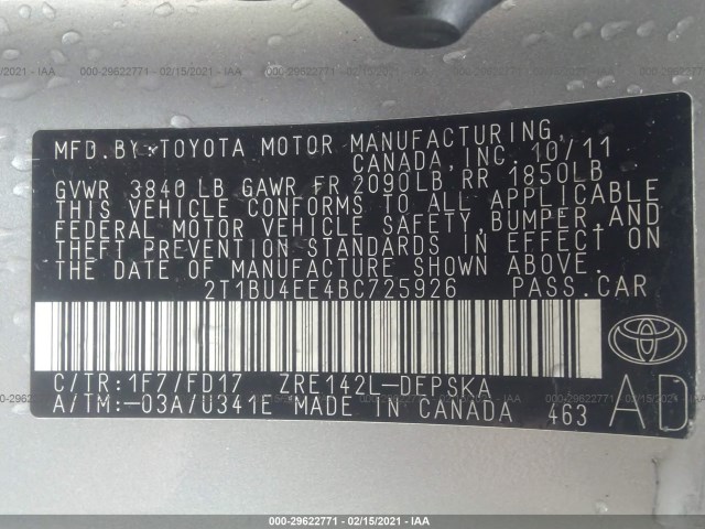 Photo 8 VIN: 2T1BU4EE4BC725926 - TOYOTA COROLLA 