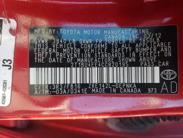 Photo 9 VIN: 2T1BU4EE4CC820195 - TOYOTA COROLLA BA 