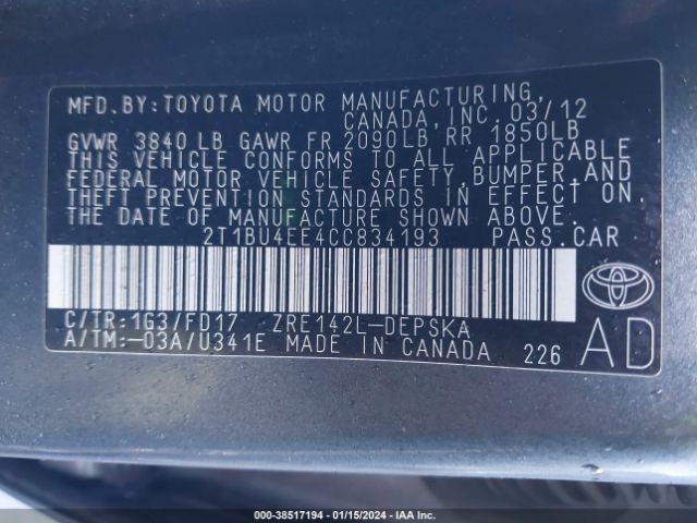 Photo 8 VIN: 2T1BU4EE4CC834193 - TOYOTA COROLLA 