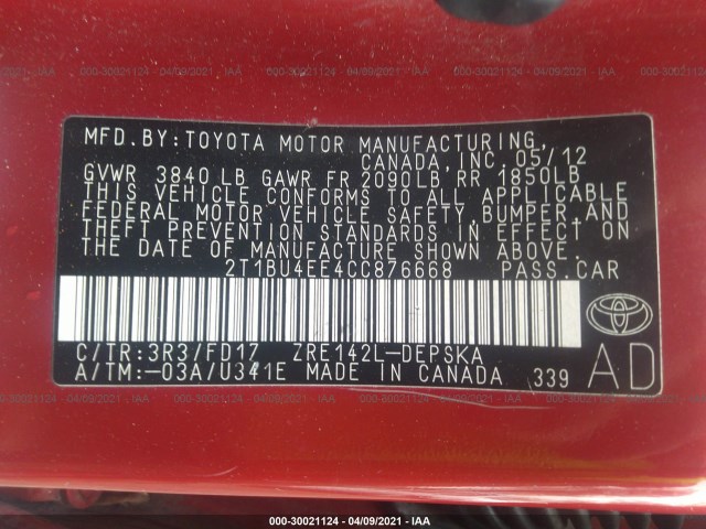 Photo 8 VIN: 2T1BU4EE4CC876668 - TOYOTA COROLLA 