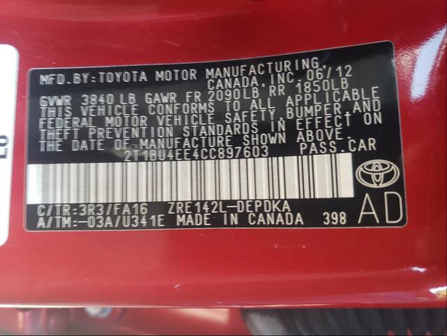 Photo 9 VIN: 2T1BU4EE4CC897603 - TOYOTA COROLLA BA 