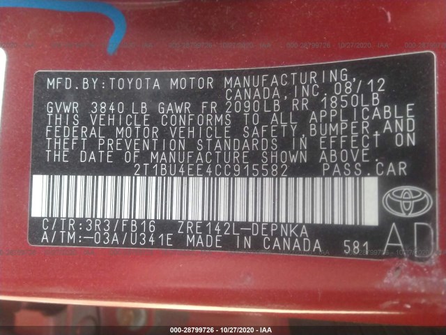 Photo 8 VIN: 2T1BU4EE4CC915582 - TOYOTA COROLLA 