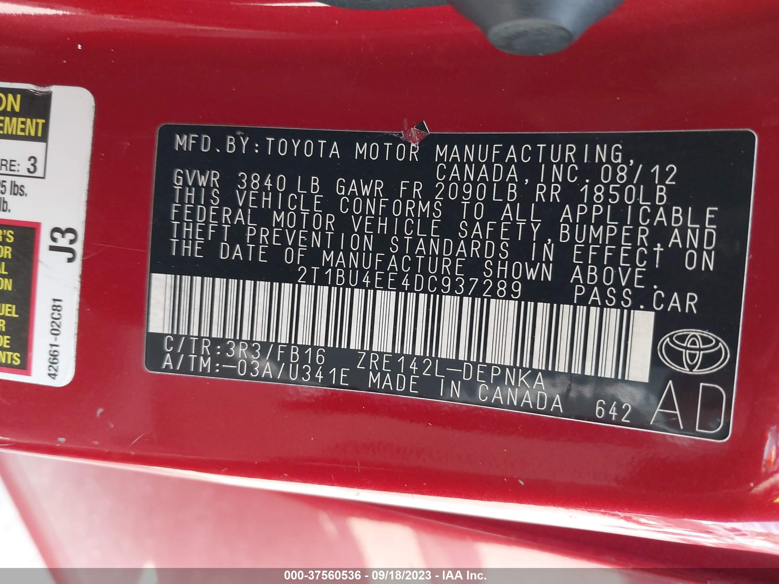 Photo 8 VIN: 2T1BU4EE4DC937289 - TOYOTA COROLLA 