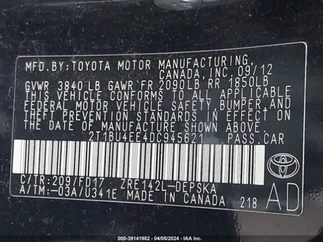 Photo 8 VIN: 2T1BU4EE4DC945621 - TOYOTA COROLLA 