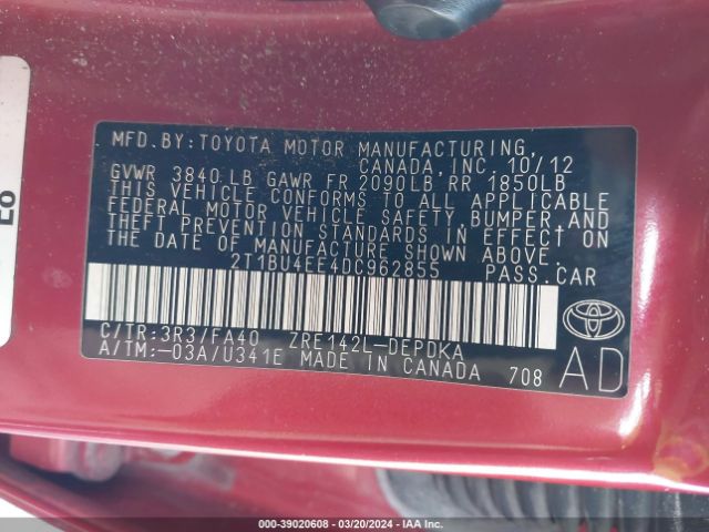 Photo 8 VIN: 2T1BU4EE4DC962855 - TOYOTA COROLLA 