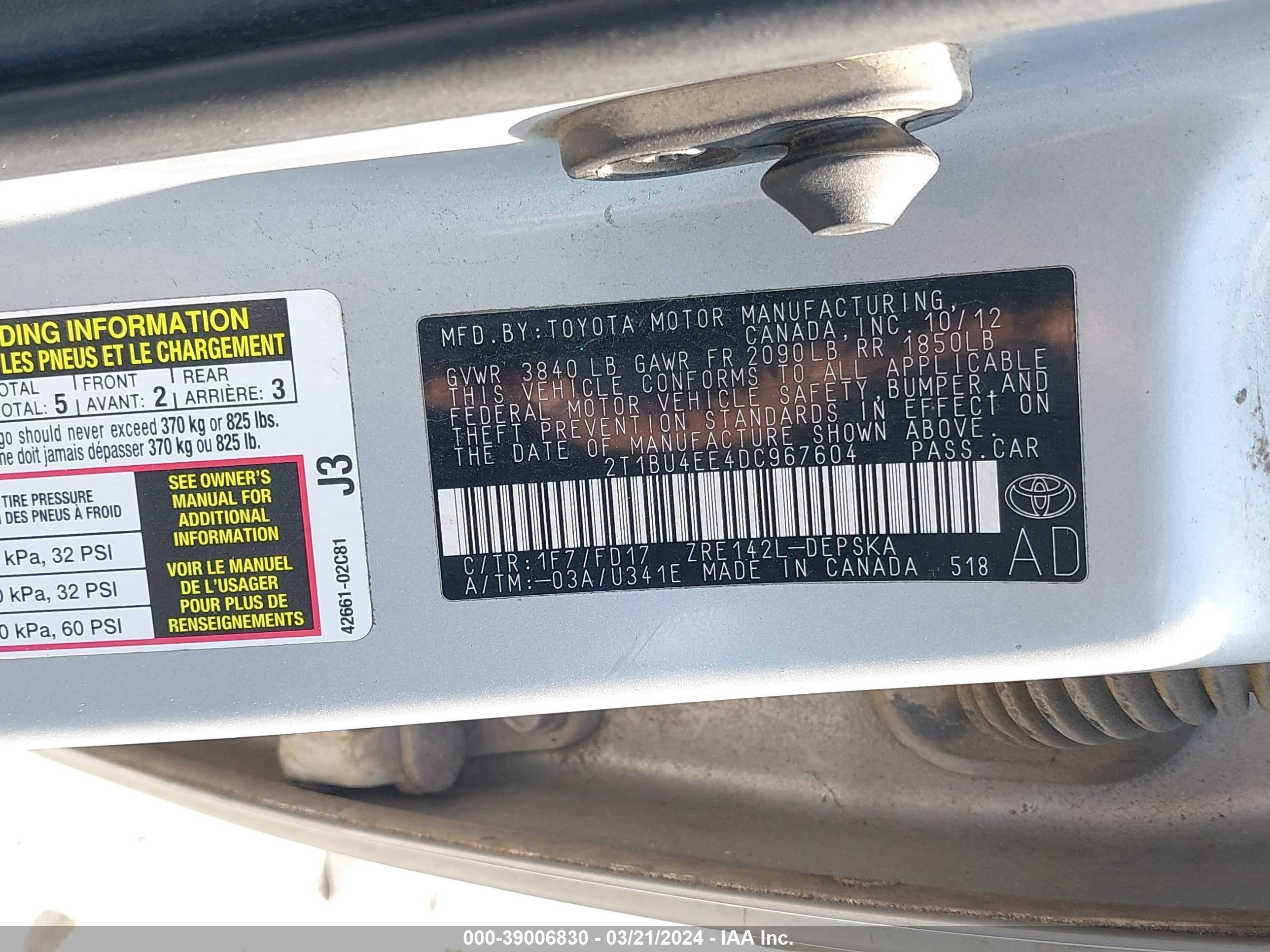 Photo 8 VIN: 2T1BU4EE4DC967604 - TOYOTA COROLLA 