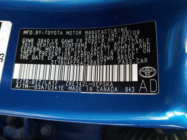 Photo 9 VIN: 2T1BU4EE5AC268977 - TOYOTA COROLLA BA 