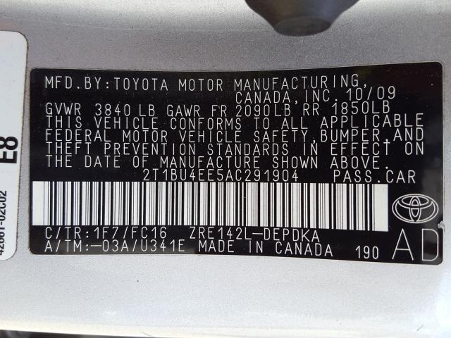 Photo 9 VIN: 2T1BU4EE5AC291904 - TOYOTA COROLLA BA 