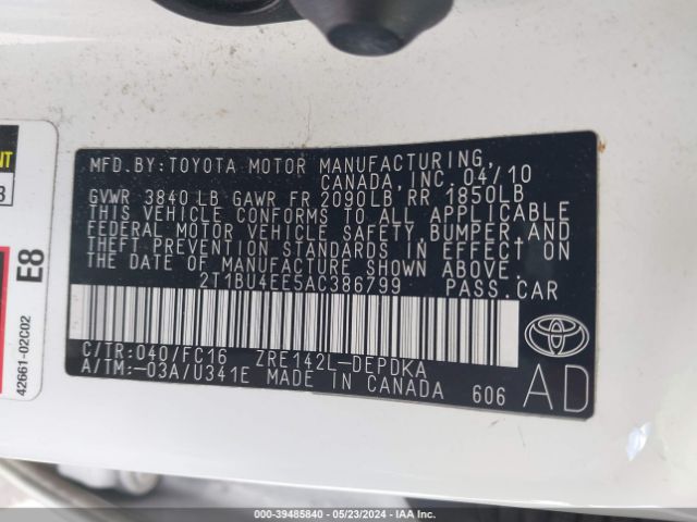 Photo 8 VIN: 2T1BU4EE5AC386799 - TOYOTA COROLLA 