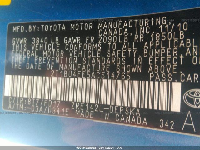 Photo 8 VIN: 2T1BU4EE5AC514765 - TOYOTA COROLLA 