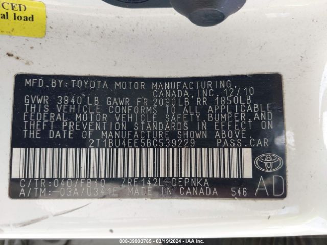 Photo 8 VIN: 2T1BU4EE5BC539229 - TOYOTA COROLLA 