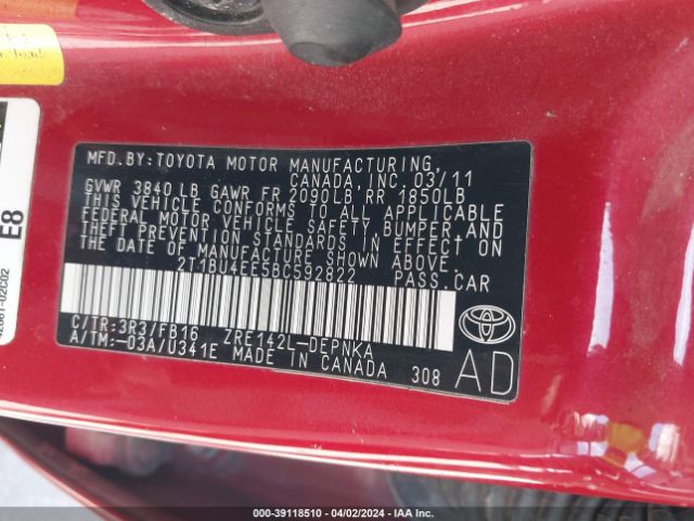 Photo 8 VIN: 2T1BU4EE5BC592822 - TOYOTA COROLLA 