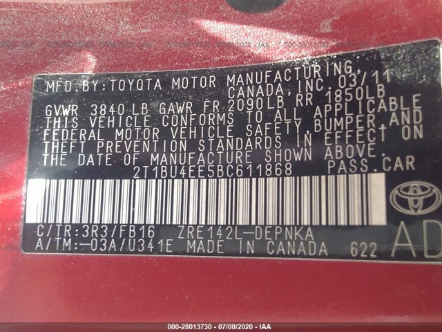 Photo 8 VIN: 2T1BU4EE5BC611868 - TOYOTA COROLLA 