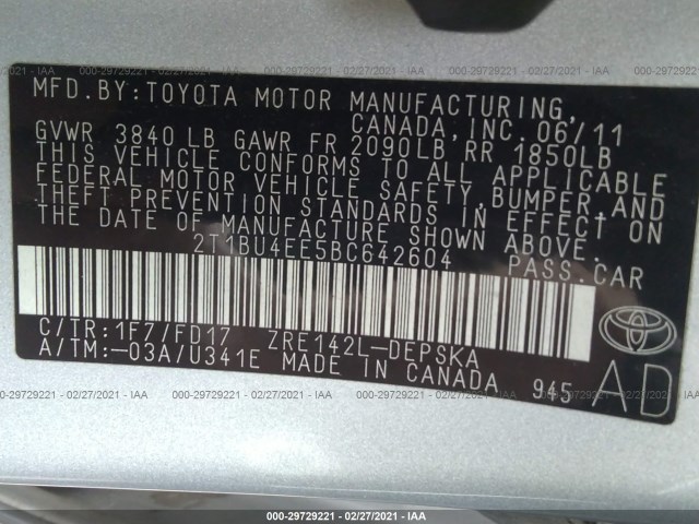 Photo 8 VIN: 2T1BU4EE5BC642604 - TOYOTA COROLLA 