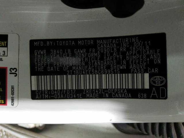 Photo 9 VIN: 2T1BU4EE5BC699515 - TOYOTA COROLLA BA 