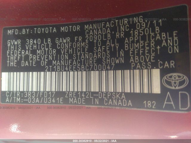 Photo 8 VIN: 2T1BU4EE5BC700047 - TOYOTA COROLLA 