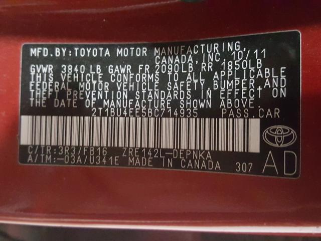 Photo 9 VIN: 2T1BU4EE5BC714935 - TOYOTA COROLLA BA 