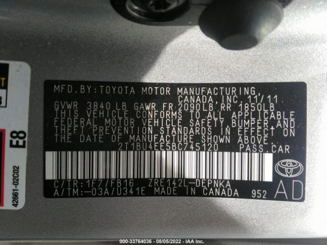 Photo 8 VIN: 2T1BU4EE5BC745120 - TOYOTA COROLLA 