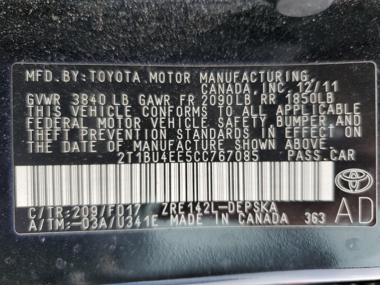 Photo 11 VIN: 2T1BU4EE5CC767085 - TOYOTA COROLLA 