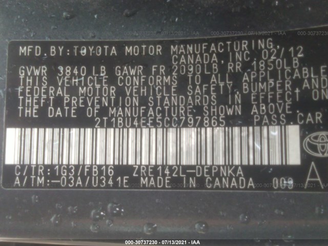 Photo 8 VIN: 2T1BU4EE5CC797865 - TOYOTA COROLLA 