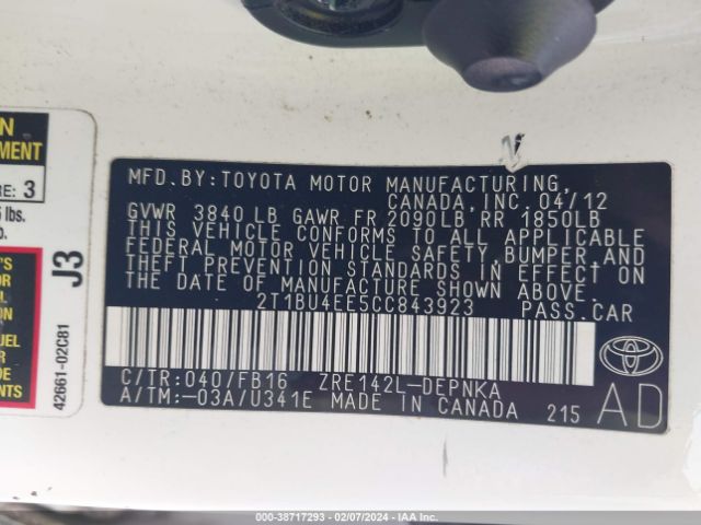 Photo 8 VIN: 2T1BU4EE5CC843923 - TOYOTA COROLLA 