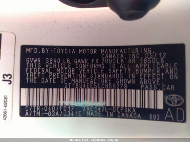 Photo 8 VIN: 2T1BU4EE5CC859278 - TOYOTA COROLLA 