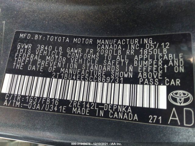 Photo 8 VIN: 2T1BU4EE5CC869731 - TOYOTA COROLLA 