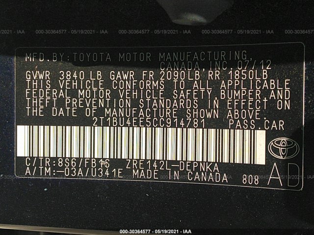 Photo 8 VIN: 2T1BU4EE5CC914781 - TOYOTA COROLLA 