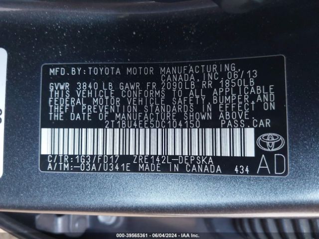 Photo 8 VIN: 2T1BU4EE5DC104150 - TOYOTA COROLLA 