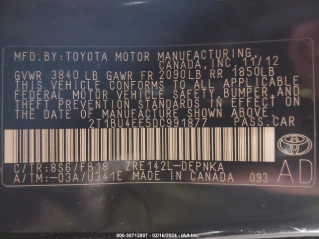 Photo 8 VIN: 2T1BU4EE5DC991877 - TOYOTA COROLLA 