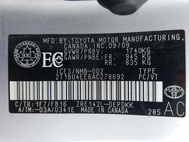 Photo 9 VIN: 2T1BU4EE6AC278692 - TOYOTA COROLLA BA 