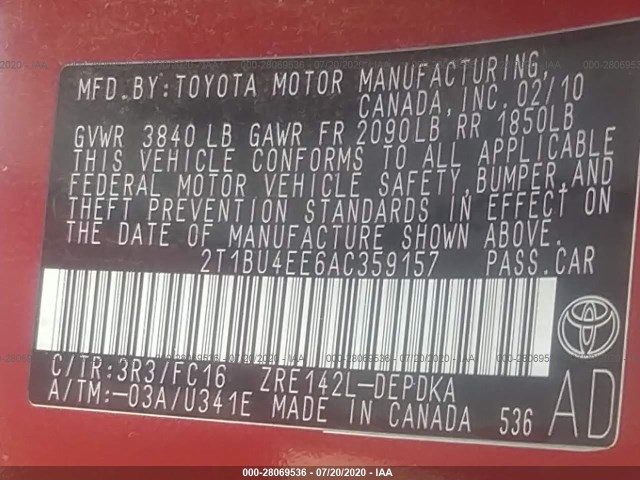 Photo 8 VIN: 2T1BU4EE6AC359157 - TOYOTA COROLLA 