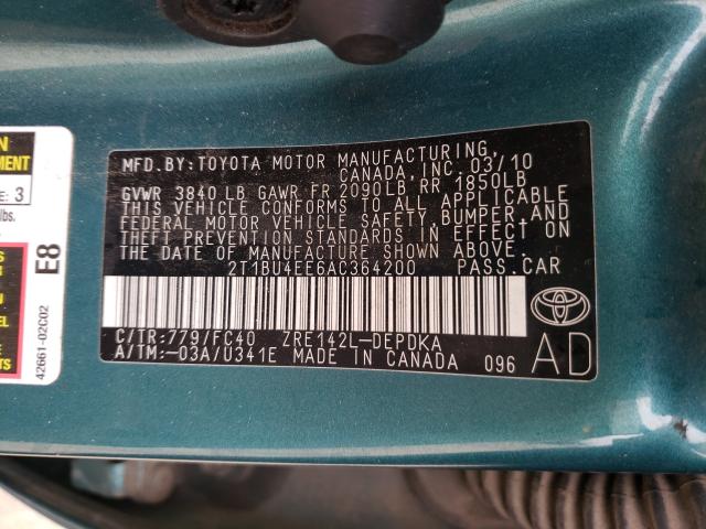 Photo 9 VIN: 2T1BU4EE6AC364200 - TOYOTA COROLLA BA 