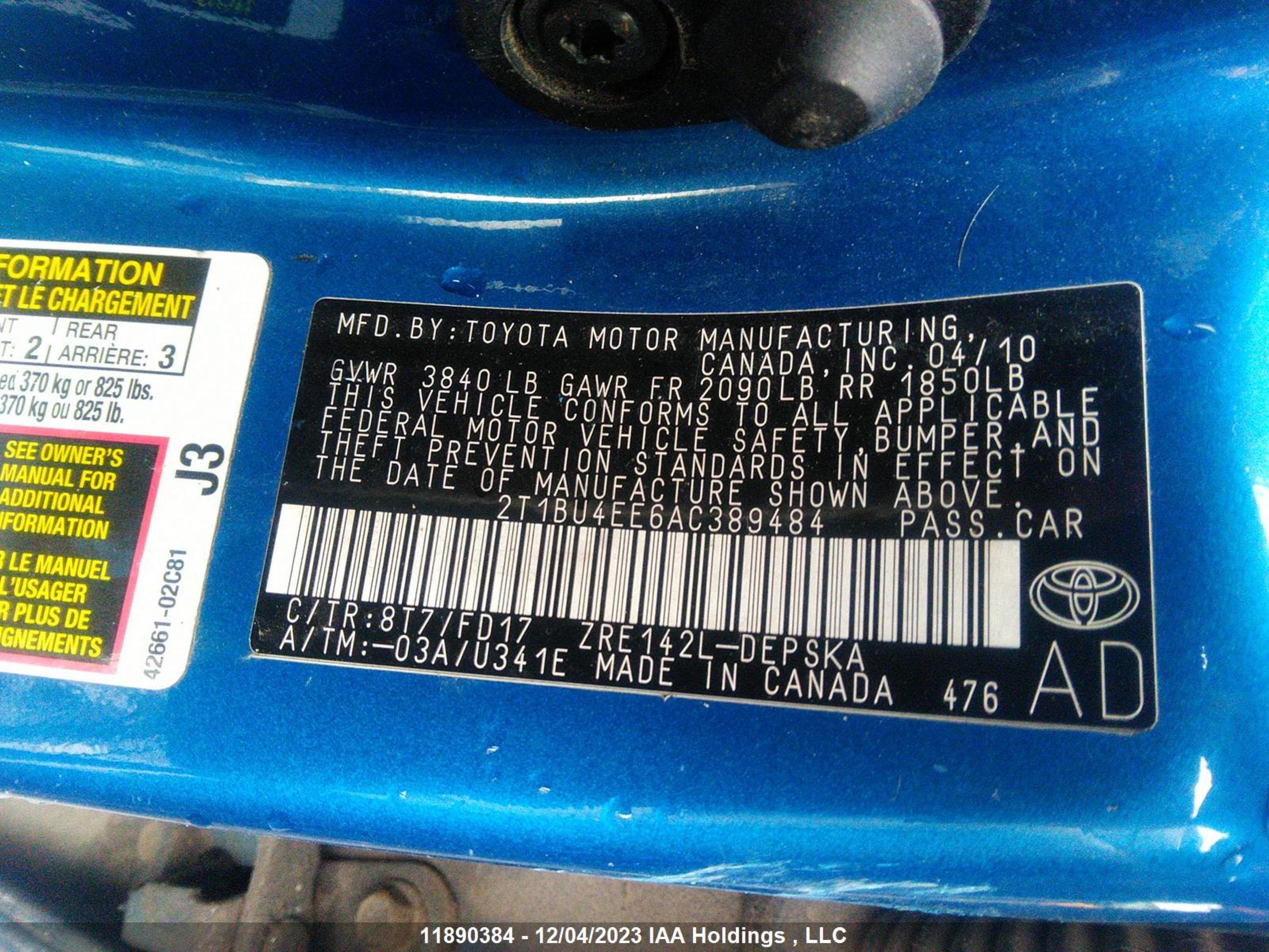 Photo 8 VIN: 2T1BU4EE6AC389484 - TOYOTA COROLLA 