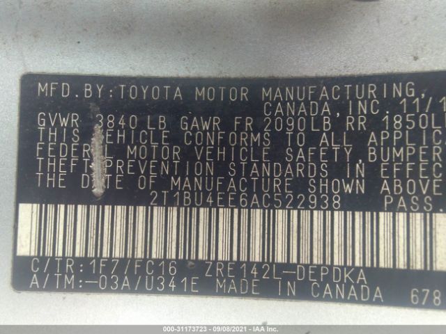 Photo 8 VIN: 2T1BU4EE6AC522938 - TOYOTA COROLLA 