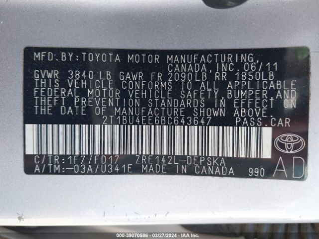 Photo 8 VIN: 2T1BU4EE6BC643647 - TOYOTA COROLLA 