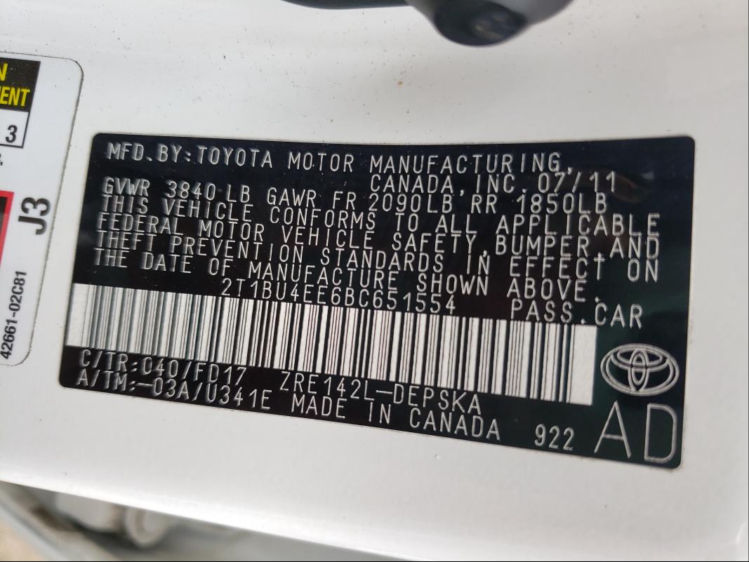 Photo 9 VIN: 2T1BU4EE6BC651554 - TOYOTA COROLLA BA 