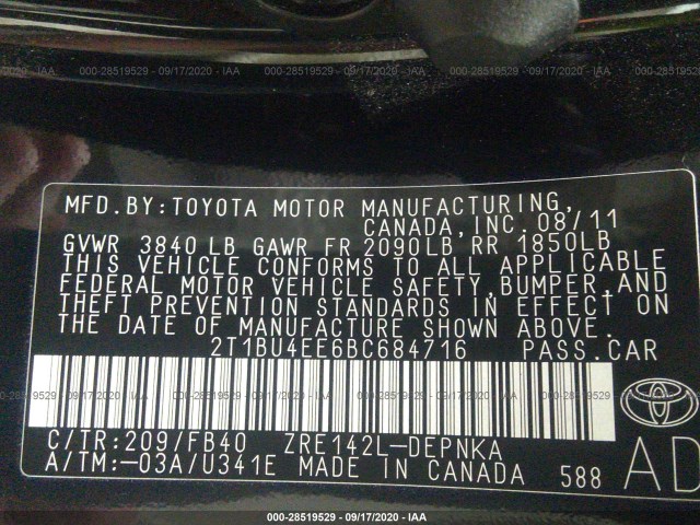 Photo 8 VIN: 2T1BU4EE6BC684716 - TOYOTA COROLLA 