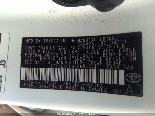 Photo 8 VIN: 2T1BU4EE6BC687924 - TOYOTA COROLLA 