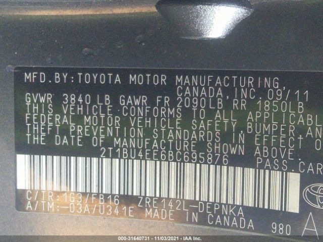 Photo 8 VIN: 2T1BU4EE6BC695876 - TOYOTA COROLLA 